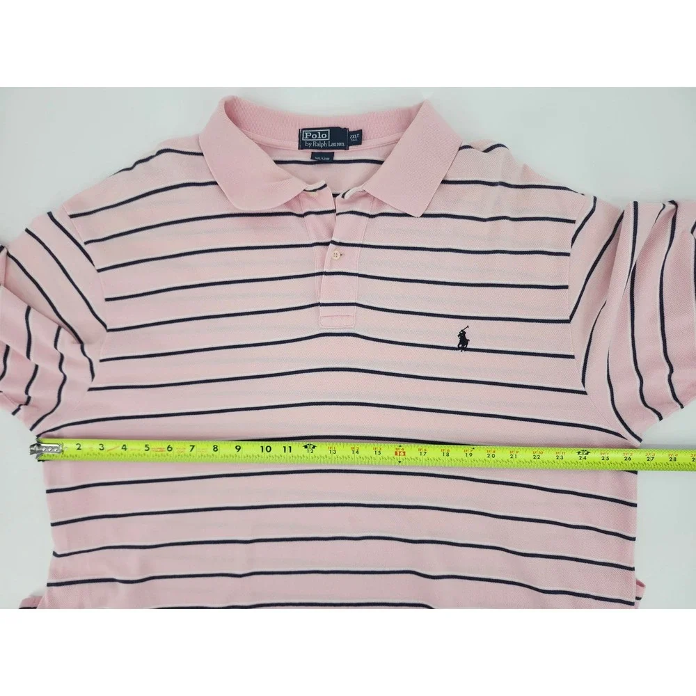 Polo Ralph Lauren Mens 2XLT Tall Pink Navy Blue Striped Cotton Pique Polo Shirt